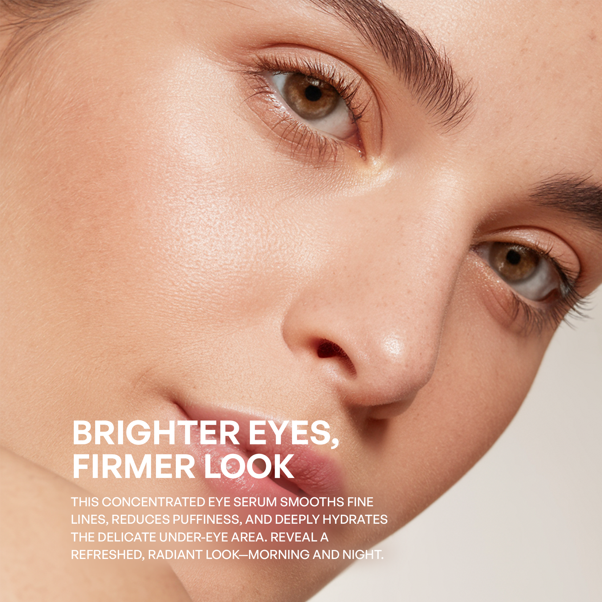 Outdoor Eye Serum Close-up of a woman's eye with text about eye serum benefits