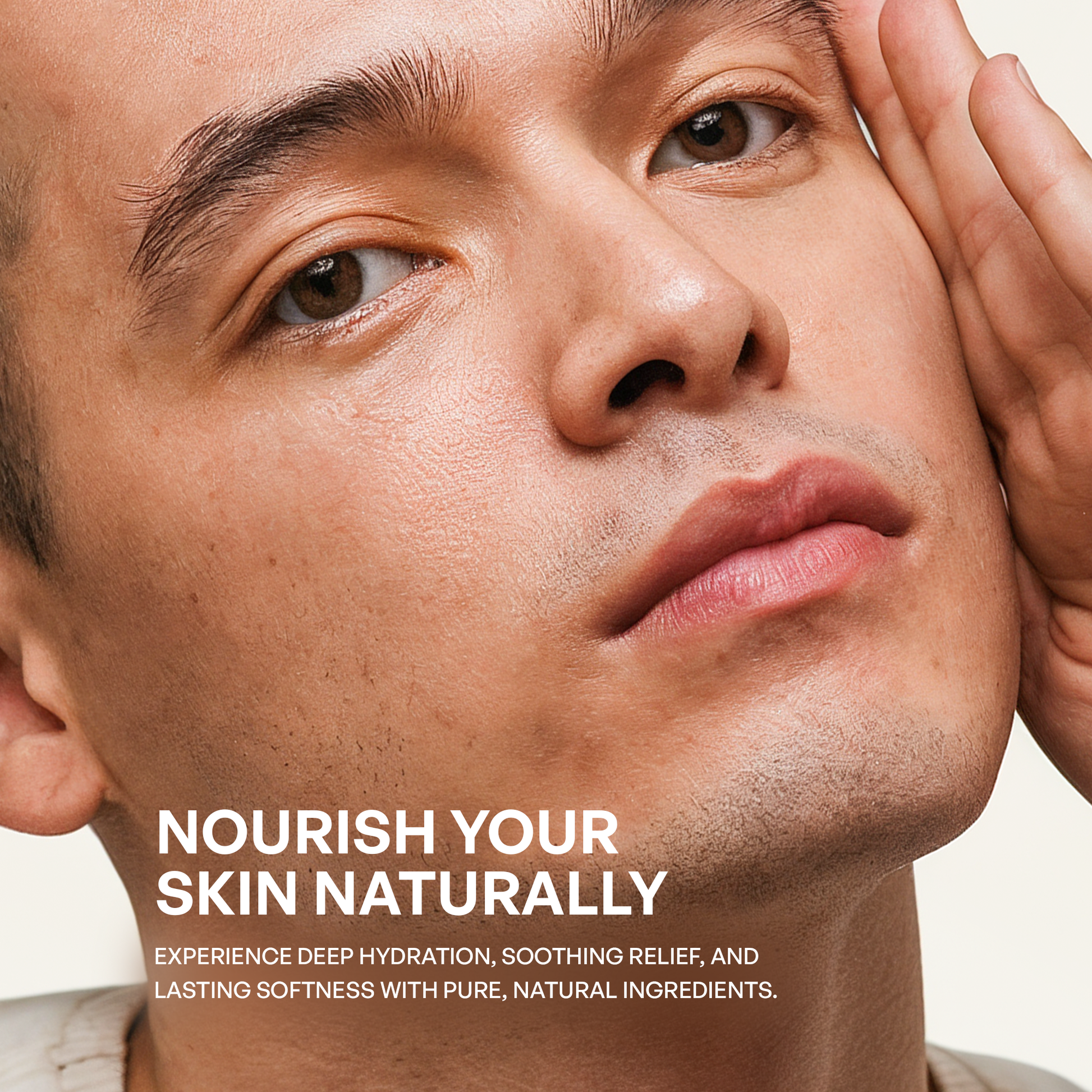 Close-up of a person's face with text promoting outdoor whipped tallow