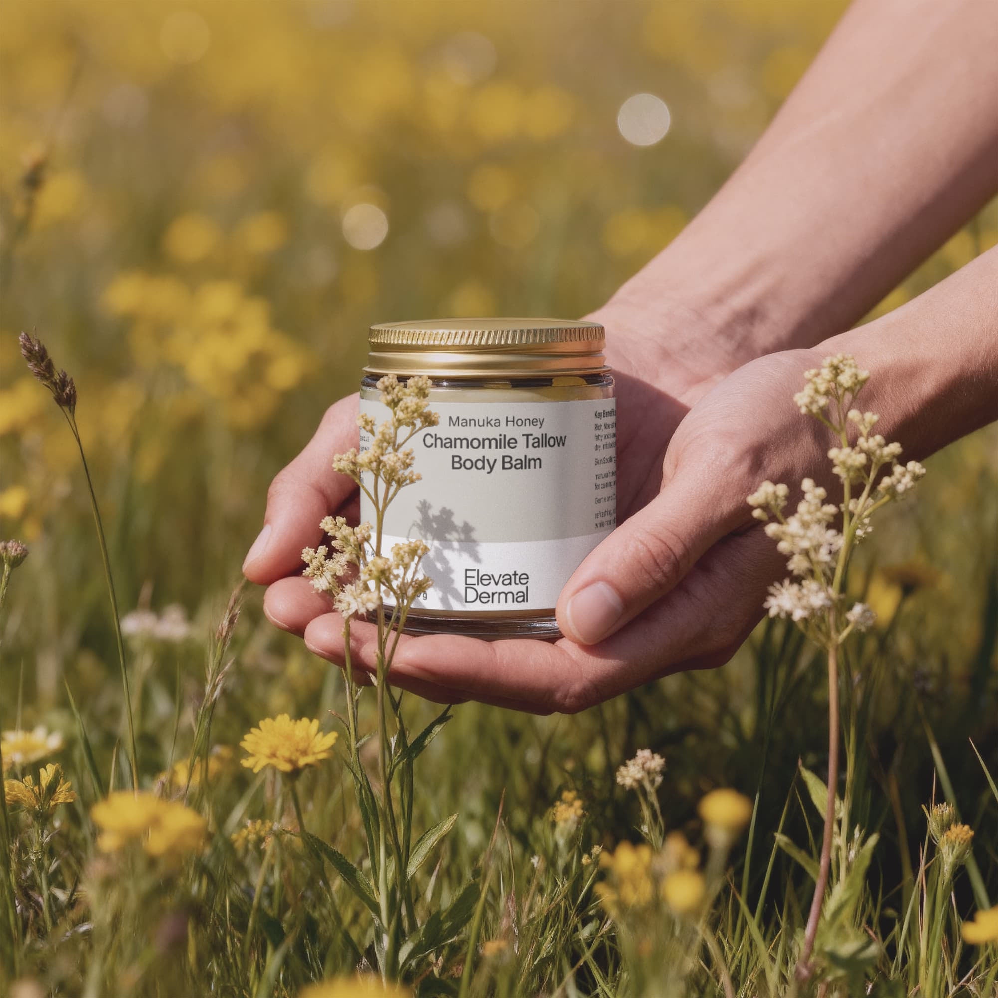 Both hand holding Manuka Honey Chamomile Tallow Body Balm - Elevate Dermal