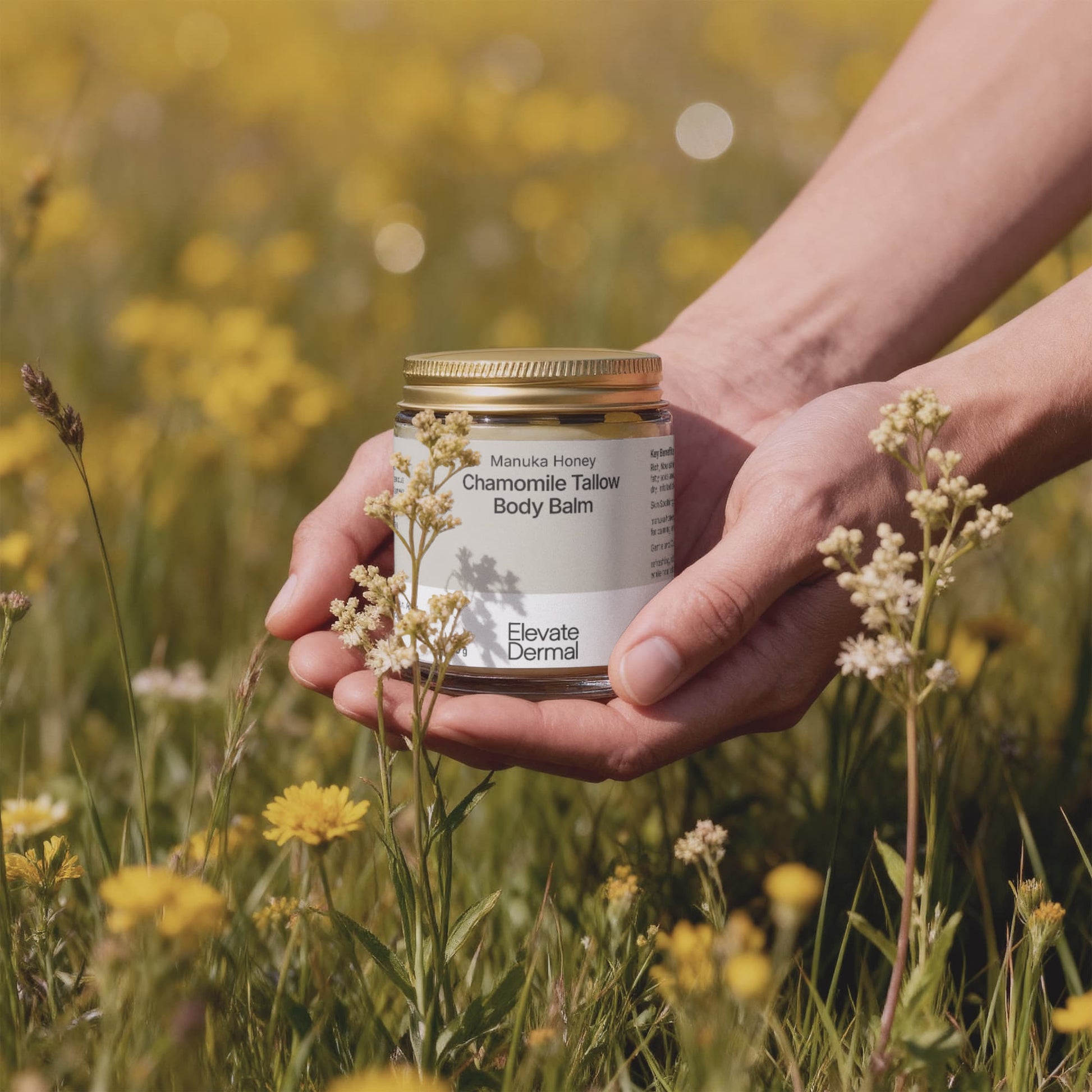 Both hand holding Manuka Honey Chamomile Tallow Body Balm - Elevate Dermal